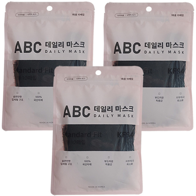 ABC 데일리 마스크 KF94 대형, 10개입, 3개, 검정색