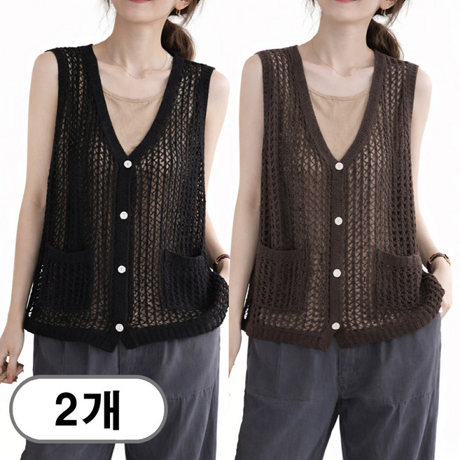 차쿠 1+1 봄 여름 여성 니트 조끼 중년 그물조끼 뱃살커버 엄마 조끼 빅사이즈