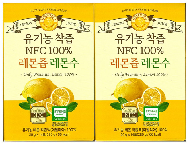 헬로바이오 착즙 100% 프리미엄 레몬즙 레몬수 20g x 14포 2개