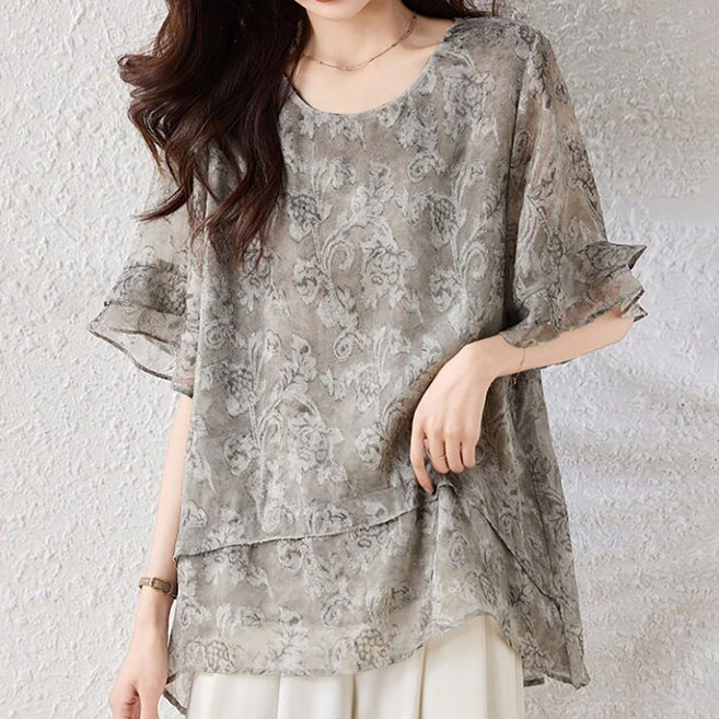 MOSAIRATION 여성 라운드넥 레이어드 플라워 프린트 레이스 반팔 얇은 빅사이즈 루즈핏 캐주얼 중년여성 쉬폰 블라우스 R04721