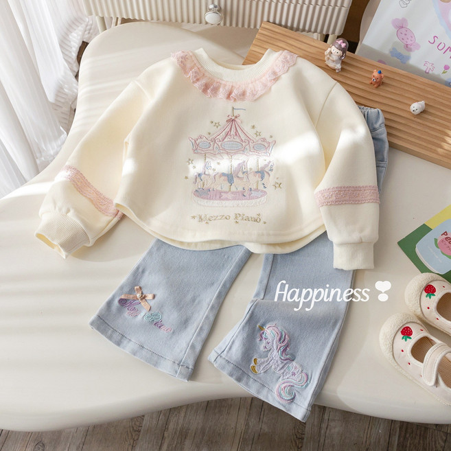 라움리에 여아 등원룩 유니콘 귀여운 청바지 상하 바지세트