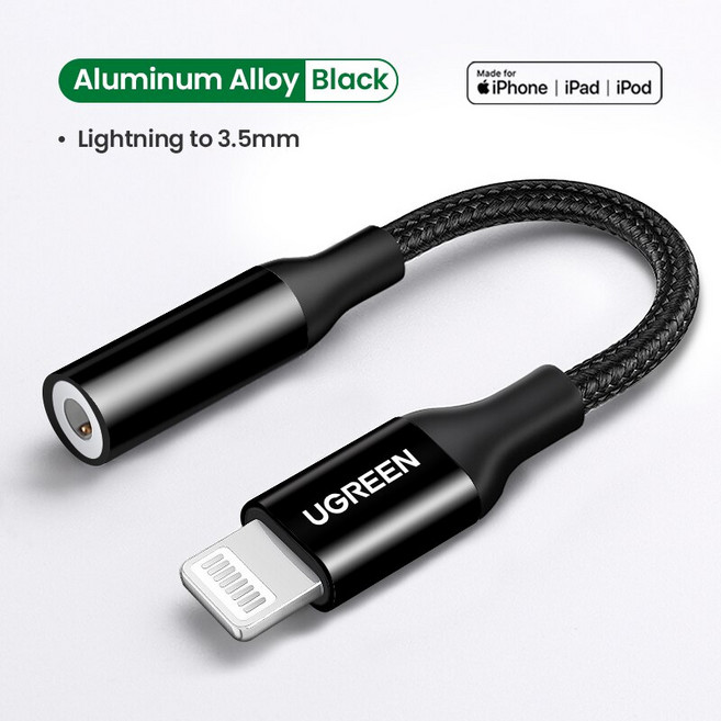 iPhone 용 UGREEN 어댑터 MFi DAC Lightning-iPhone 12 용 3.5mm 헤드폰 어댑터 11 Pro max xr Aux 케이블 전화 액세서리, 알루미늄 블랙