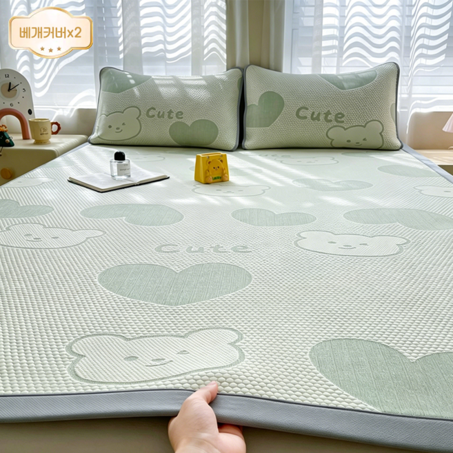 NUNUHANA 침대 냉감패드 쿨매트 고정밴드형 + 베개커버 세트, 쿨매트+베개커버2장, 민트 그린-냉감