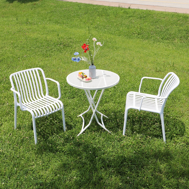 체어센스 루첸 테이블 650 원형 + 루나 암체어 2인 세트 야외 철재 플라스틱 의자 카페 정원 테라스, 루첸테이블650원형 화이트, 루나암 올리브그린2개