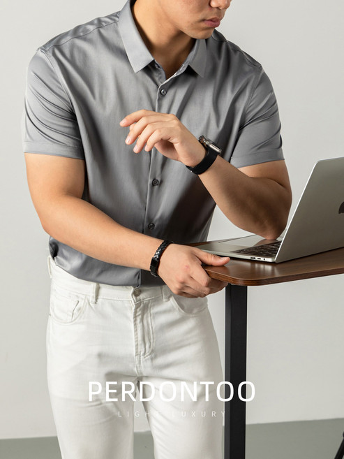 【抗皺免燙】商務襯衫 短袖襯衫 男式襯衫 夏季襯衫 休閒襯衫 絲光棉 純色修身 輕商務通勤