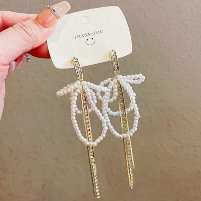 여성 큐빅 하프 링 진주 롱 드롭 체인 귀걸이 A1026