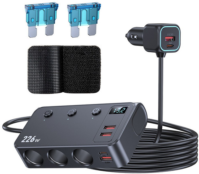 카모아 9in1 226W 스위치 3구 차량용 멀티소켓 12V 24V 겸용 USB C타입 PD45W 초고속 시거잭 충전기, 1개