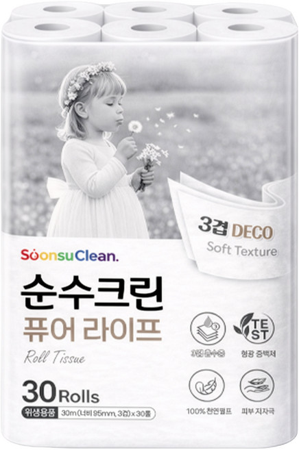 순수크린 퓨어라이프 30m x 30롤 1팩 천연펄프 100% 롤화장지 도톰한 데코3겹 두루말이 프리미엄 휴지 1등급 천연펄프 먼지가 없습니다, 1세트, 30개입