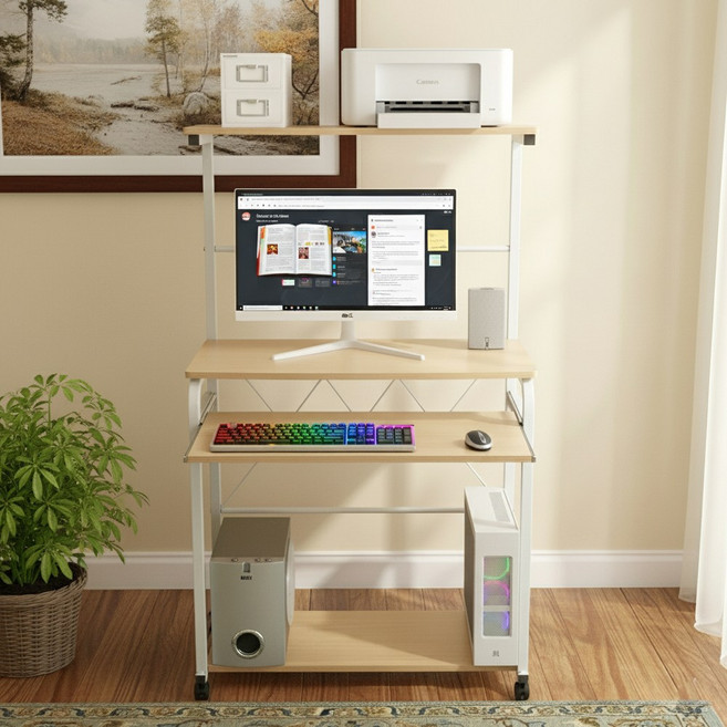 1인용 컴퓨터 책상 800 2단 철제선반 좁은공간활용 이동식 데스크, 우드