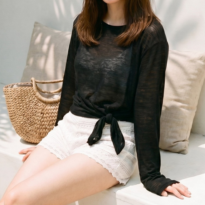 코코블린 여성 커버업 옆트임 언발 시스루 크롭 긴팔티 비치웨어 요가복 필라테스 여름 티셔츠