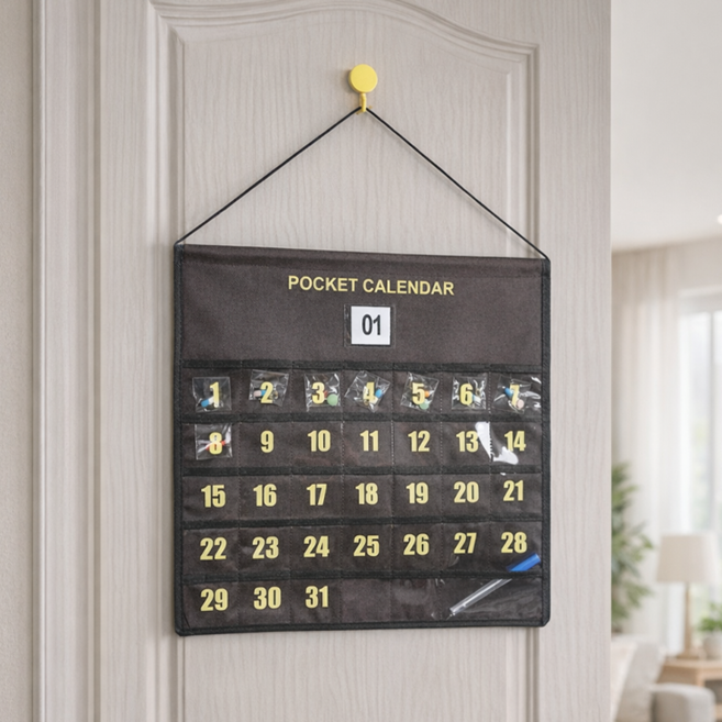 리빙릿 약 캘린더 한달 패브릭 달력 날짜별 생활비 포켓 용돈 주머니, 1개, 브라운