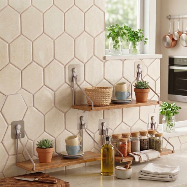 바이로브 무타공 인테리어 원목 벽걸이선반, 1단, 내추럴 우드