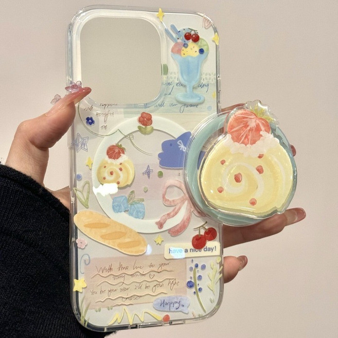 草莓瑞士捲蛋糕手機殼 適用於 iPhone 系列 ins風磁吸設計