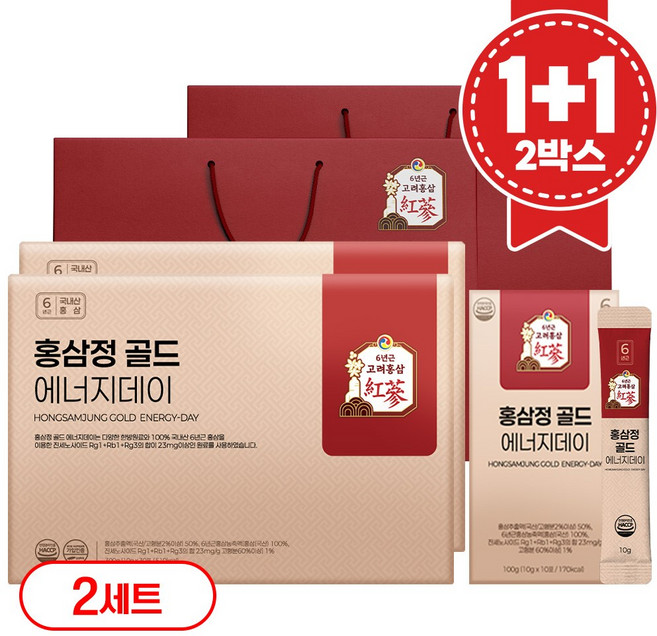 1+1 홍삼정 골드 6년근 프리미엄 홍삼스틱 쇼핑백 선물세트 에너지데이, 2개, 300ml