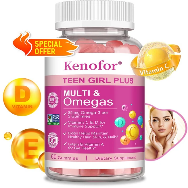 주니어 여아 멀티비타민&오메가젤리 - 오메가3 비타민C D 비오틴 및 루테인 함유 - 데일리 영양공급, 1개, 60회분 - 쿠팡
