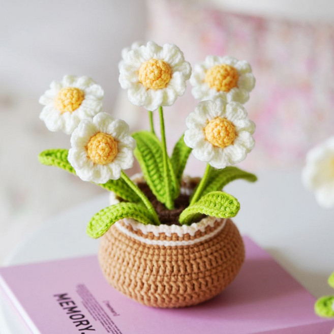 제이에스리빙 꽃화분 손뜨개 코바늘 DIY 뜨개질 패키지, 화이트데이지, 1개