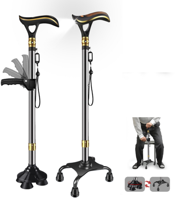 [ 2가지 받침대 세트 ]네발 스마트 노인 지팡이 초경량 알루미늄 어르신 지팡이 길이조절 LED기능 경보알림 360도 미끄럼방지 C타입 충전식 효도선물, 1세트, 블랙 골드