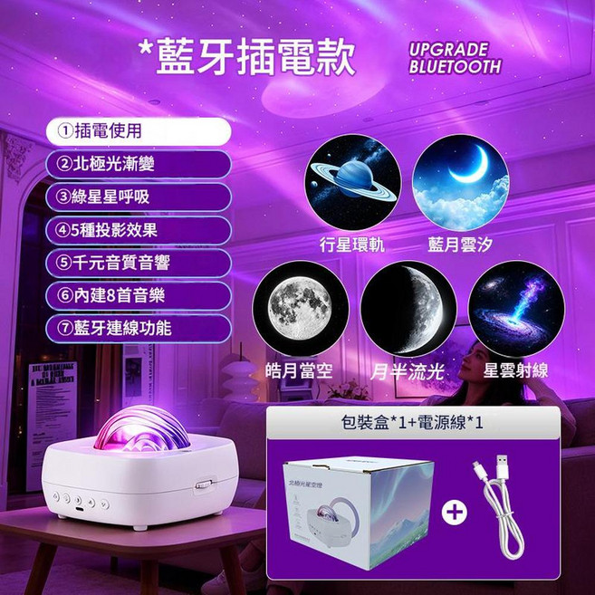 AI智慧語音聲控星空投影燈 藍牙音箱 滿天星臥室氛圍燈, 無語音插電款遙控器App控制星球北極光白噪音 10W藍芽語音投影燈超大電池3000Ah