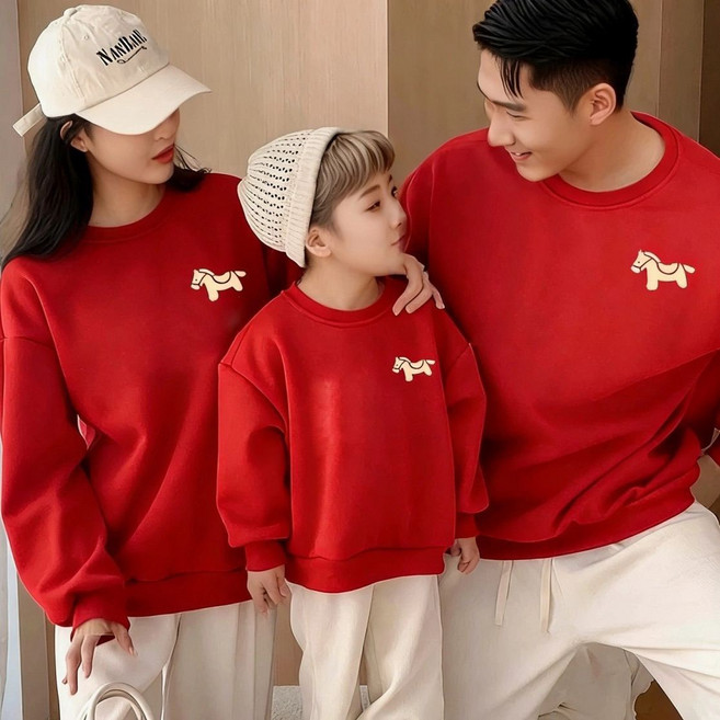 可愛馬圖案紅色圓領長袖衛衣