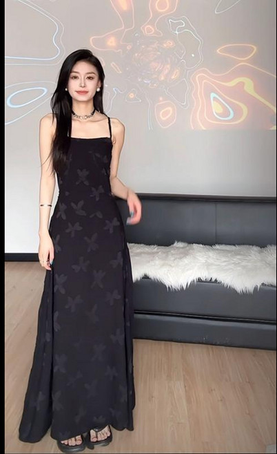 女款長洋裝 修身 吊帶 甜美 約會穿搭, 黑色-高品質,S-高品質
