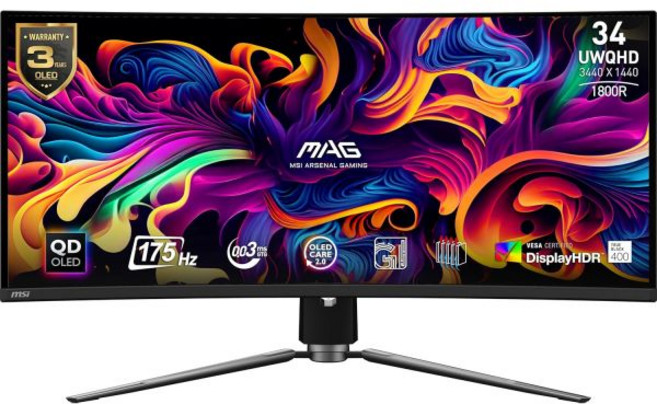 MSI MAG341CQP QD-OLED 34인치 커브드 OLED 게이밍 모니터 3440 x 1440 (UWQHD) 0.03ms 응답 시간 175Hz 주사율 트루 블랙, 34"
