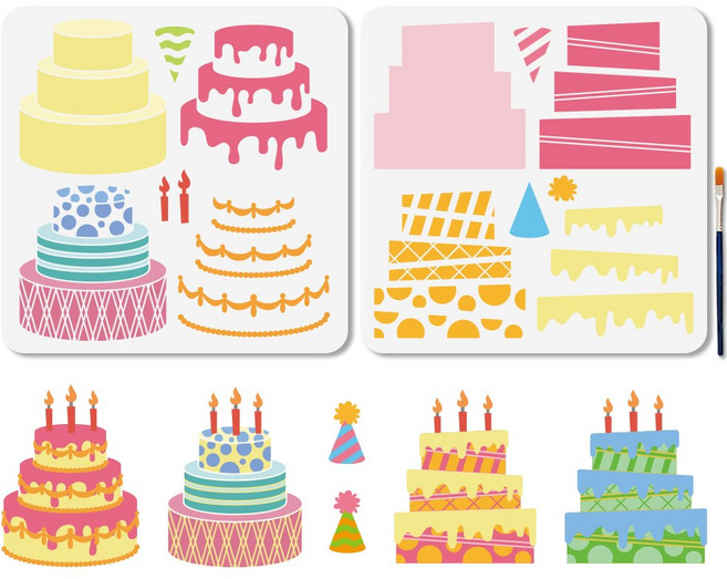 PET 스텐실 템플릿 세트 다양한 패턴 디자인 셀프 앨범 사진 벽화 드로잉 300x300mm, 케이크