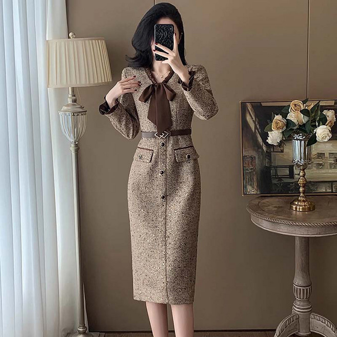 Asure 여성원피스 트위드 원피스 리본 정장원피스 하객룩