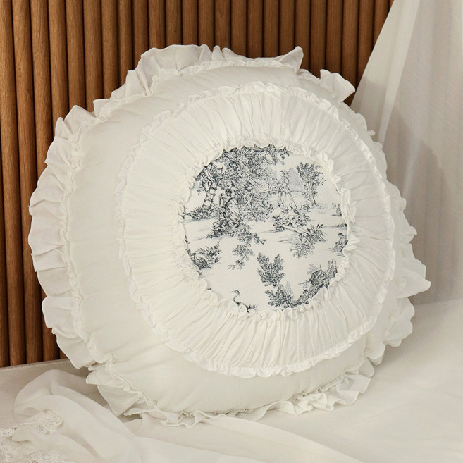 레이나 명화 고급 순면 원형 프릴 호박 쇼파 쿠션, 그레이