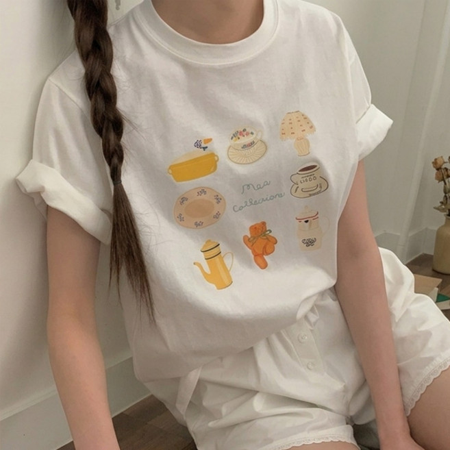 마이쏭 여성 빅사이즈 루즈핏 티타임프린팅박스반팔티