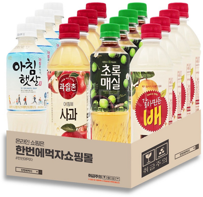 [한번에먹자] 500ml 음료수 4종 혼합세트 / 갈아만든배 + 아침에사과 + 초록매실 + 아침햇살 / 각3개씩, 12개