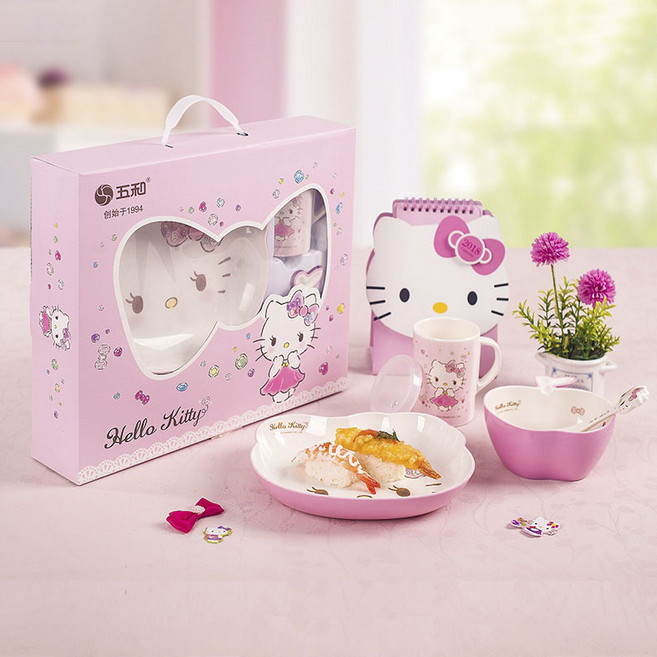 우허 헬로 키티 식기 4종 세트 WH001, 큰 그릇 + 작은 그릇 + 컵 + 숟가락, 1개, 핑크