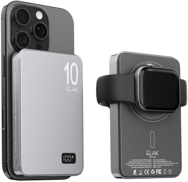 엘락 3in1 초슬림 초경량 무선 자석 맥세이프 고속 충전 5000mAh 보조배터리 에어팟충전 애플워치충전, 10,000mAh / 스페이스그레이