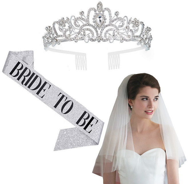 올리브파티 브라이덜샤워 셀프웨딩 티아라+어깨띠+면사포 세트, 실버티아라세트, 1세트