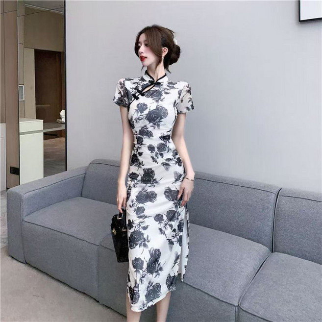 【國風顯瘦】改良旗袍 連衣裙 氣質連衣裙 國風連衣裙 修身顯瘦 高開叉 過膝中長款 年輕款 夏季新款 聚會度假, 圖片色