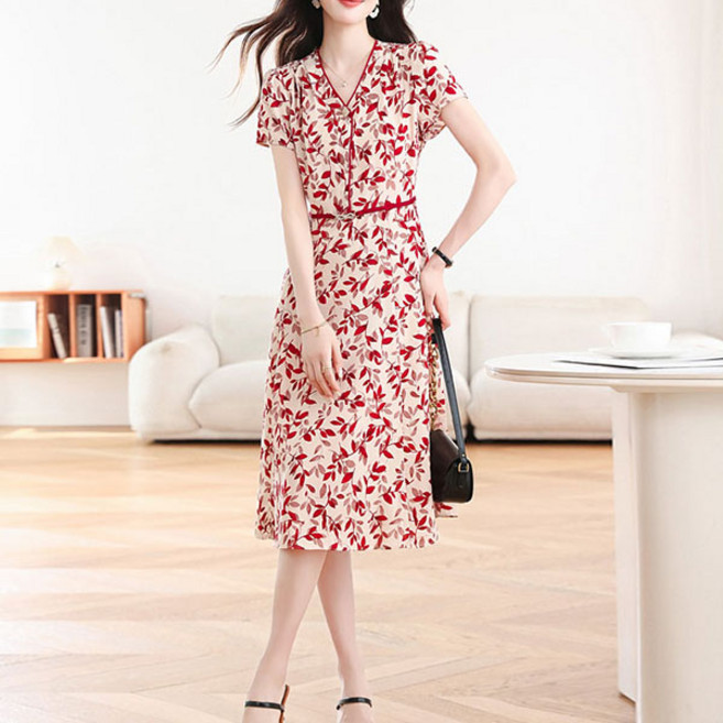 루씨앤 카일 55~77반까지 하객룩 결혼식 브이넥 반팔 쉬폰 플라워 여성 미디 원피스 8591