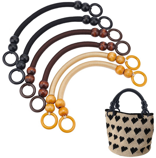 6개 3가지 색상의 나일론 핸드백 손잡이 우드 비즈 장식 지갑 손잡이 교체 부품 혼합 색상 37cm