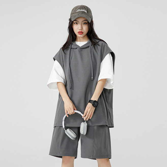 제이피엠 반팔 오버핏 민소매 나시 후드 트레이닝복세트 루즈핏 후드조끼 트레이닝 운동복 슬리브리스 남자 여자 커플룩 가족 단체복 95~115 빅사이즈까지 TZ903