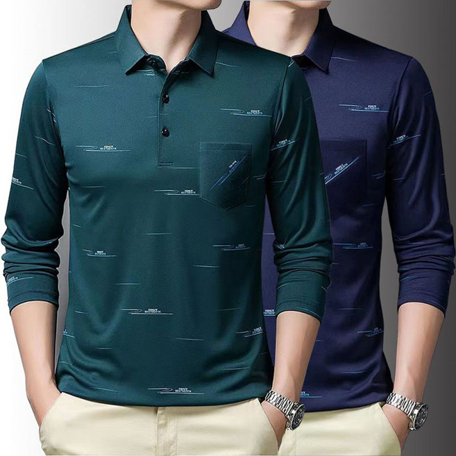 ROYALBELLE 2장묶음 남성 카라넥 얇은 긴팔 티셔츠 루즈핏 편안한 중년 프린트 티셔츠 V082403