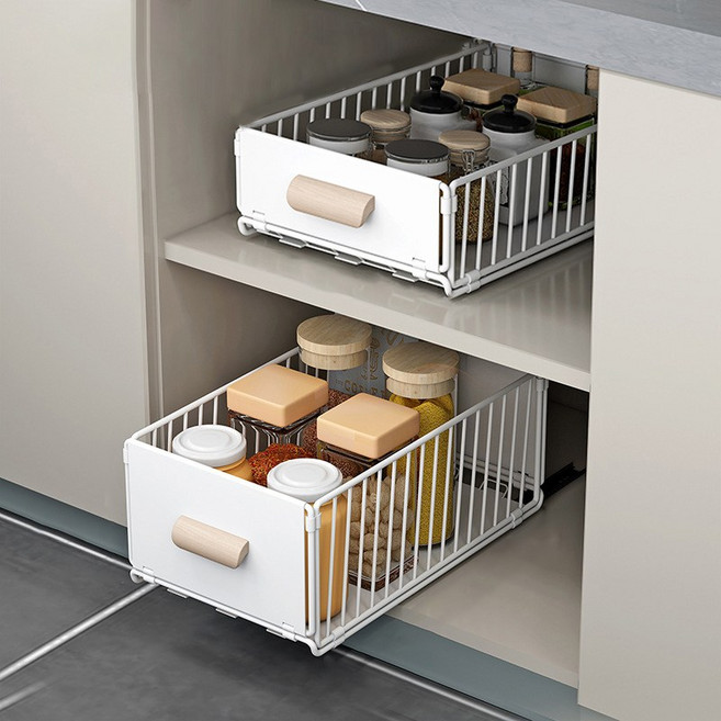 제너텍 주방 서랍형 씽크대 수납장 세트 S+L 슬라이딩선반 무타공 레일 선반 접이식 양념병 정리함, 화이트, 1개
