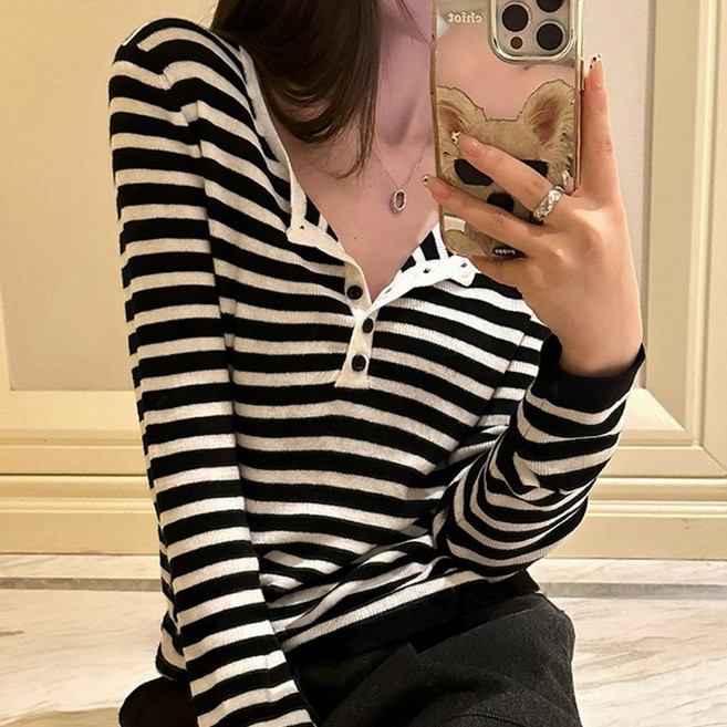 cammello 소프티 헨리넥 스트라이프 버튼 긴팔 티셔츠 여성 긴팔티