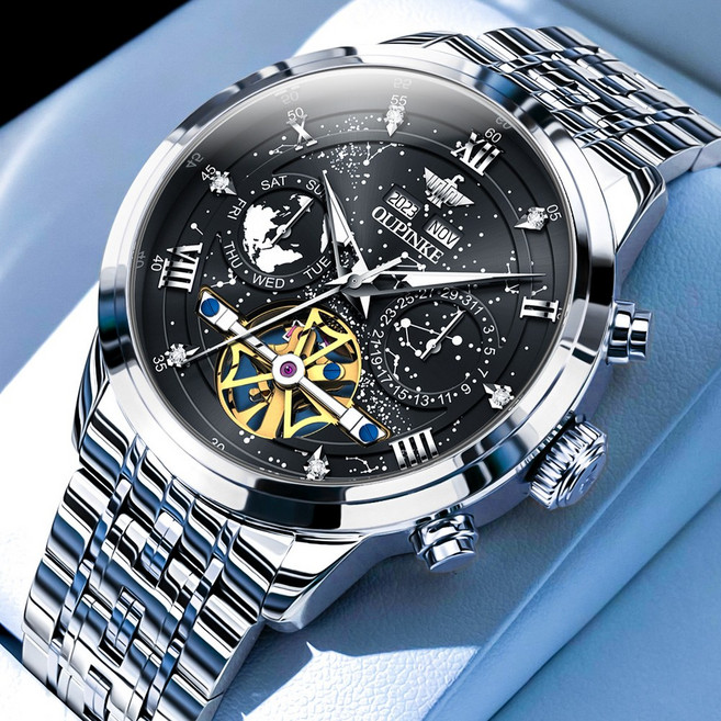 OUPINKE 남성 시계 정품 자동 기계식 오토매틱 럭셔리 명품 워터프루프 야광 메탈 큐빅 다기능 별이 손목