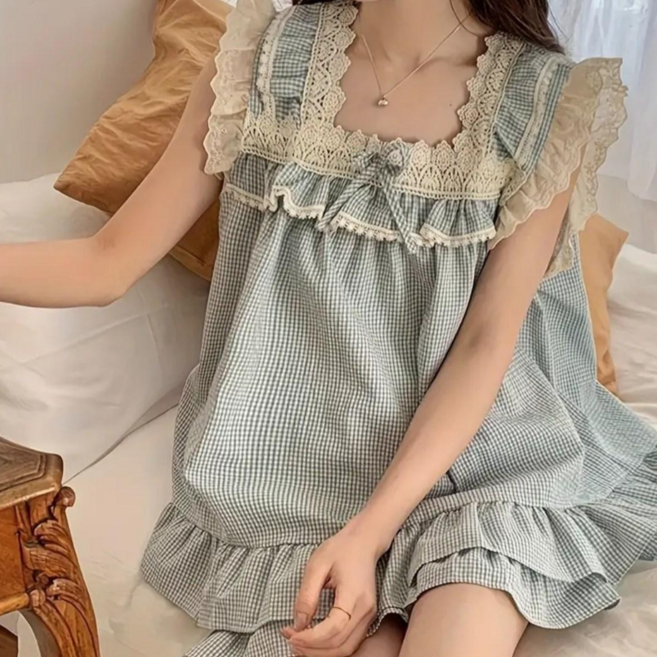 클래식 블루 체크 프릴 홈웨어 파자마 상하세트 with 웨더클로젯 / 선물 추천 소녀감성 여성스러운 우아한한 잠옷