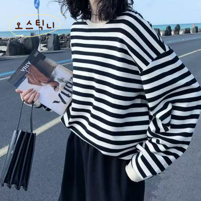 오스틱니 2026 초특가 여성용 봄가을 스트라이프 루즈핏 데일리룩 라운드 긴팔 티셔츠