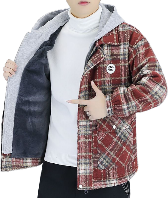 추동 남성 기모 도톰 모직 자켓 후드 루즈 체크 코트 셀럽당 T0185