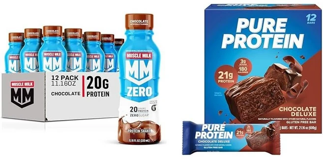 Muscle Milk 머슬밀크 제로 프로틴쉐이크 초콜릿 330mlx12+퓨어프로틴바 초콜릿디럭스 12개, 1개, 660g - 쿠팡