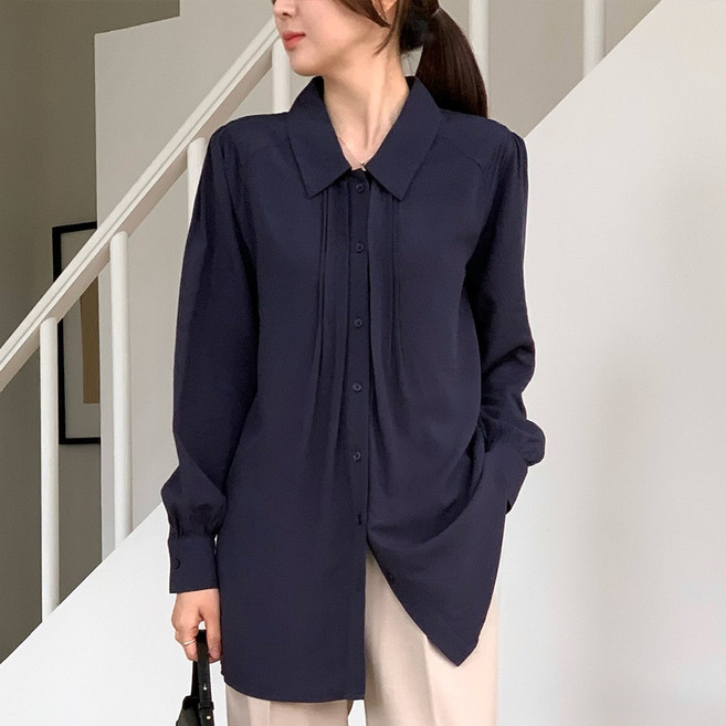 빅사이즈 핀턱주름 셔링소매 텐셀혼방 단추 카라 셔츠 블라우스 정장룩 ~5XL 자체제작 3183