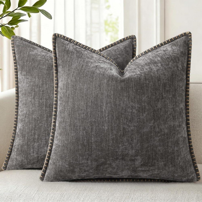DecorUhome Chenille Soft Throw Pillow Covers 22x22 Set of 2 Farmhouse Velvet Neutral Decorative E