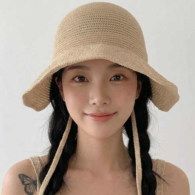 코일리룸 여성 여름 끈 버킷햇 밀짚 모자
