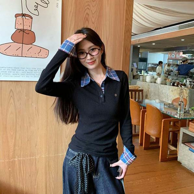 스타일닥터 여성 봄 가짜 두장 칼라 니트티 긴팔 출근 데일리