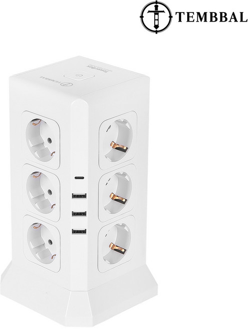 템빨 고용량 타워형 멀티탭 멀티콘센트 4000W 16구 2M 타워박스 화이트 KC인증, 1개